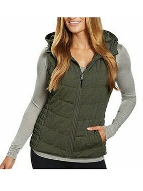 Blanc Noir Olive Quilted Hooded Puffer Ruched Stretch Athleisure Utility Vest L